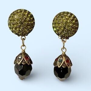 Heidi Daus Art Deco Chartreuse Green and Black Dangling TearDrop Earrings. NWOT